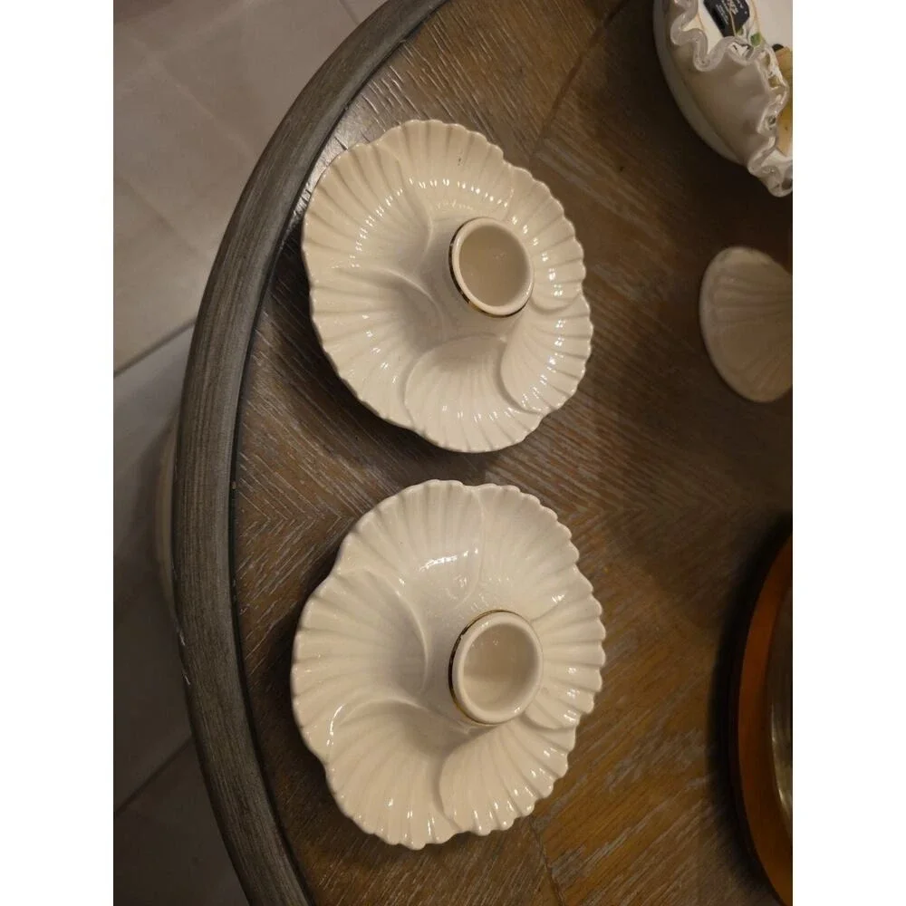 Lenox Shell Candlestick Candle Holders Set of 2 Ivory Gold Trim EUC Elegant‎